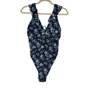 NWT A Pea in the Pod Ruffled Maternity Floral Swimsuit Dark Blue Size M